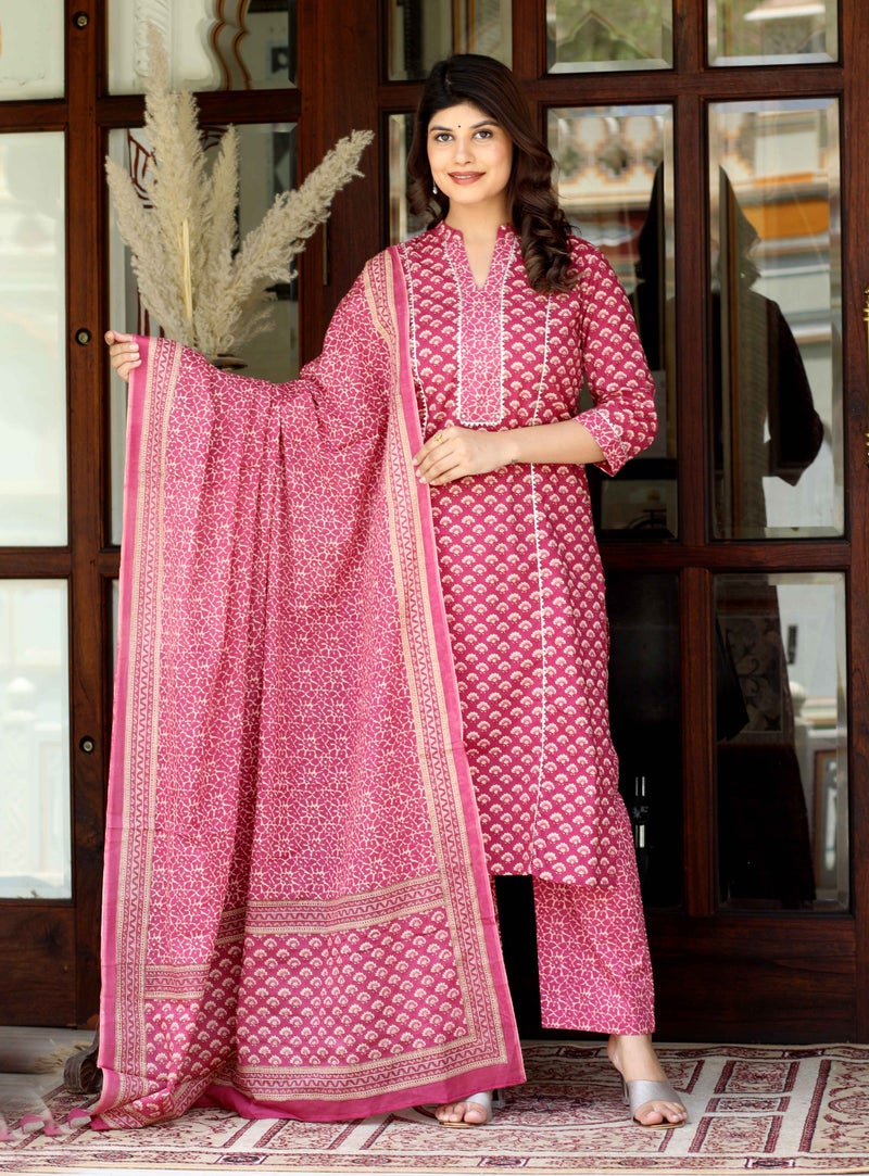 Miravan Women's Pink Cotton Kurta Set for Women - Image 1
